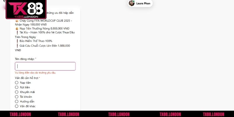 Điền thông tin vào biểu mẫu đăng ký tài khoản TX88